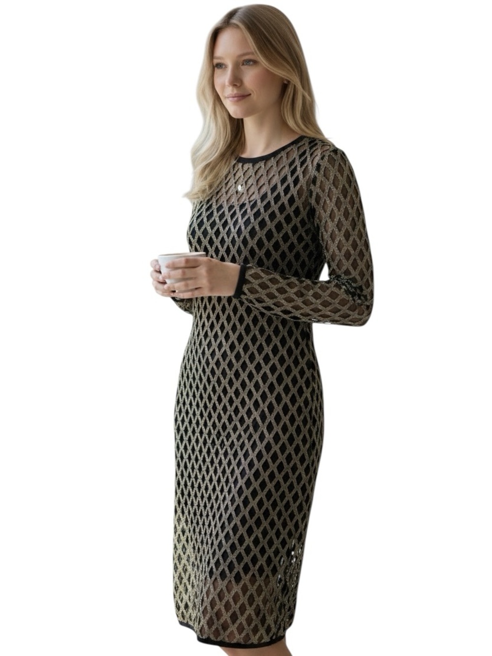 Nightcap Black and Gold Long Sleeve Mesh Sheath Dress